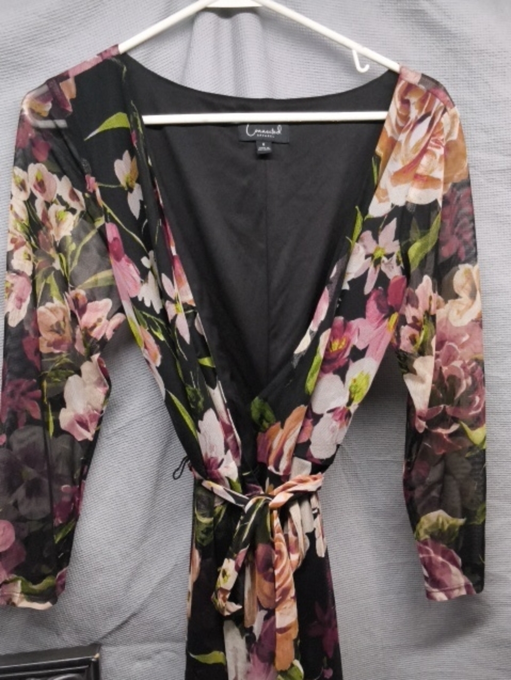 Black Floral Veil Wrap Dress with Pink & Green Blooms,long Sleeved Trasparent